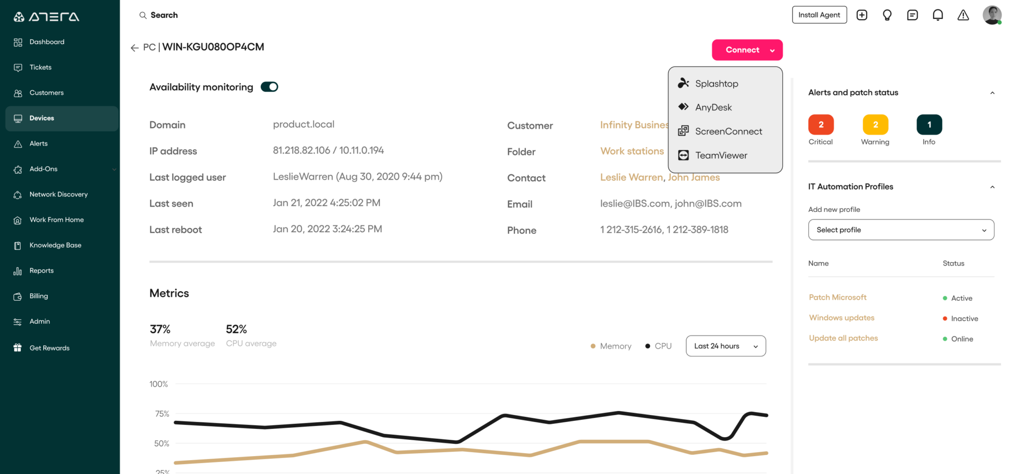 A screenshot of Atera's remote access connection